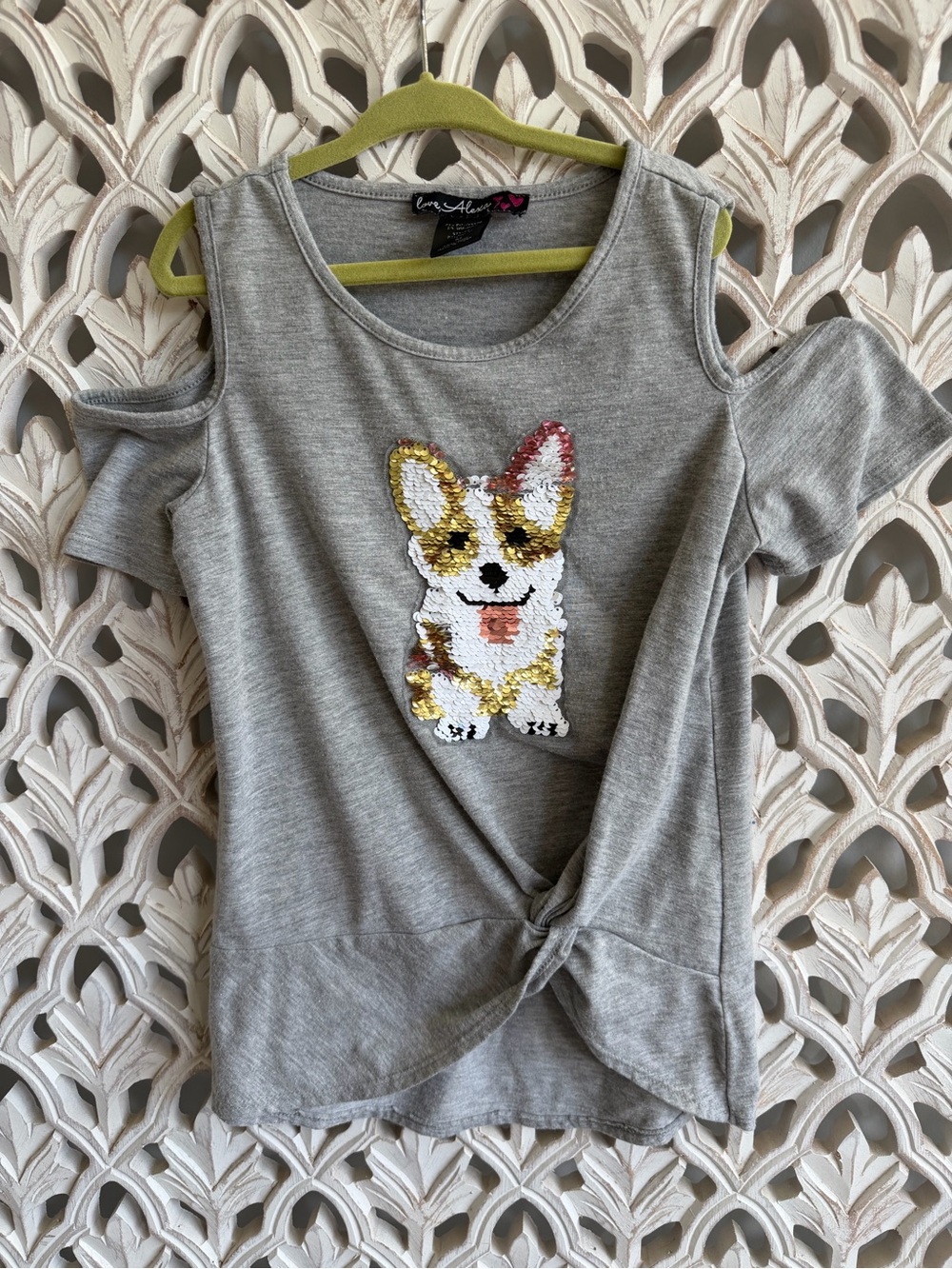 Love Alexa Girls Sequin Corgi Cold Shoulder Top Size M